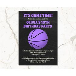 purple basketball birthday invitations for girls/purple basketball invitation for kids, teens/purple sports birthday inv