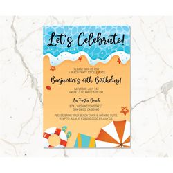 beach birthday party invitation template for men women kids, summer beach birthday party invitation, pool birthday invit