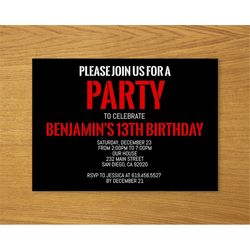 black and red birthday invitations for boys/red birthday invitations for teens kids/any age color/corjl/instant download