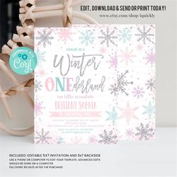 editable winter onederland invitation girl snowflake first birthday pink purple blue winter wonderland invite 1st birthd