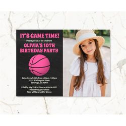 pink basketball birthday invitation for girls with photo/pink basketball invitation for kids/pink sports birthday invita