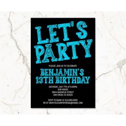 black and blue birthday invitation for boys teens kids/any age & color/blue birthday invitation template/instant downloa