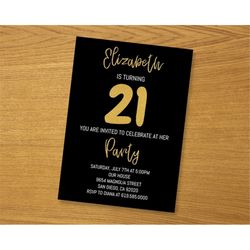 black and gold 21st birthday invitation for men/women/any age/edit yourself/printable gold birthday invitations/instant