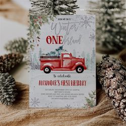 editable winter onederland winter first birthday invitation 1st winter red silver floral truck christmas printable templ