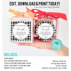 editable hot chocolate bomb label black gingham hot cocoa bombs directions instructions christmas bomb gift tag printabl