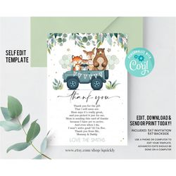 editable drive by woodland thank you card, shower by mail thank you card drive through shower drive-thru printable insta