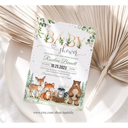 woodland baby shower invitation, editable gender neutral woodland animals invitations, woodland theme invites template i