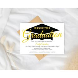 class of 2023 graduation party invitation template, gold graduation announcement with cap, high school grad, college gra