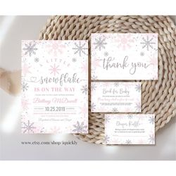 editable snowflake baby shower invitation set, a little snowflake is on the way bundle, girl winter, template printable