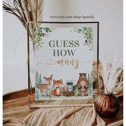 woodland guess how many sign,forest baby shower games, how many are in the jar game printable digital instant download