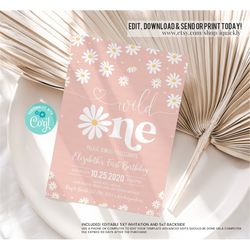 editable daisy birthday party invitation boho daisy wild one 1st birthday bohemian floral groovy party template instant