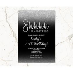 surprise birthday invitation, any age silver black birthday invitation adult birthday instant download silver glitter it