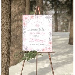 editable snowflake baby shower welcome sign,a little snowflake is on the way sign decorations winter instant download te