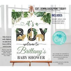 jungle gold baby shower welcome sign, editable safari birthday sign decoration wild one elephant giraffe   instant downl