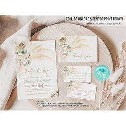 editable boho pampas baby shower invitation set bohemian invite bundle sage green tropical desert invitations package pa