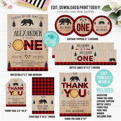 editable lumberjack party decorations buffalo plaid party package birthday invitations rustic boy bear cub template digi