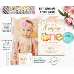 editable pumpkin first birthday invitation, little pumpkin photo invitations girl fall autumn 1st birthday invites insta