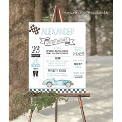 racing car milestone birthday poster, editable racecar first birthday chalkboard sign, vintage 1st birthday poster insta