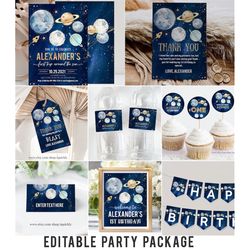 editable space birthday invitation bundle party 1st birthday first trip around the sun galaxy boy astronaut blast printa