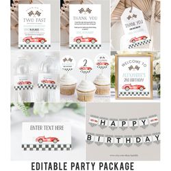 editable two fast party decorations racecar package birthday racing car vintage boy bundle party template digital instan