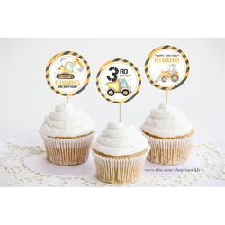 editable construction birthday cupcake toppers, construction party cake dump truck party template printable instant digi