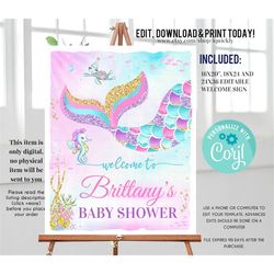 editable mermaid birthday welcome sign, baby shower under the sea party sign yard sign download printable template digit