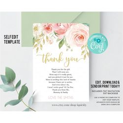 editable drive by blush floral thank you card pink, shower by mail thank you card drive through shower drive thru printa