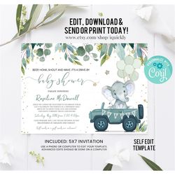 editable drive by baby shower invitation elephant gender neutral drive through invitation social distancing boy baby sho