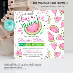 editable watermelon invitation, birthday invitations, pink watermelon party, one in a melon, 1st birthday instant downlo