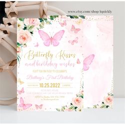 Editable Butterfly Birthday Invitation Girl 1st Birthday Invite First Butterfly Kisses Pastel Birthday Printable Templat