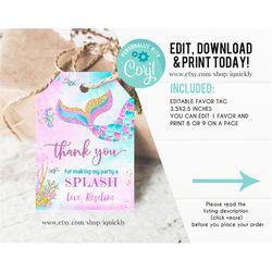 editable mermaid birthday favor tags, mermaid thank you tags, under the sea gift tags, printable template digital instan