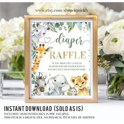 safari diaper raffle sign, printable diaper raffle baby shower sign, jungle diaper game decor decoration printable digit