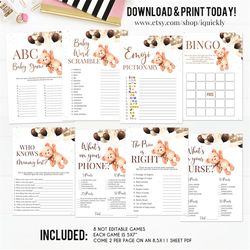 teddy bear baby shower games,boy baby shower game bundle,bear themed bingo the price is right instant download digital