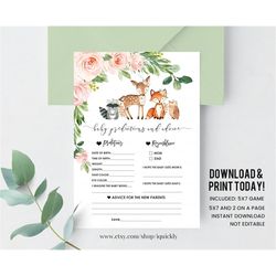 woodland baby predictions and advice baby shower game, girl wooldand animals advice card, rustic shower games printable