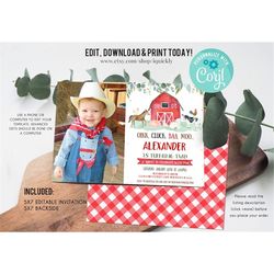 editable farm birthday invitation, boy barn party, photo invite, farm animals barnyard boy invitations instant download