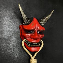 damaged red hannya mask, wall decor, japanese wall mask, custom hannya mask wear, kabuki mask, red oni mask