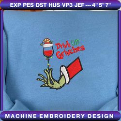 drink up grin embroidery, christmas embroidery designs, wine embroidery ,christmas embroidery, grinchy, santa claus embroidery
