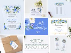 mi bautizo bundle, invitaciones set printable, blue boy spanish baptism invitations set, nino welcome sign mis padrinos