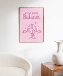 balance quote retro wall art, retro wall print, trendy 70s art print, retro character art, groovy pink poster, vintage m