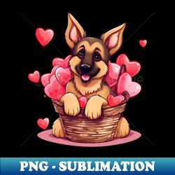 cartoon german shepherd dog in hearts basket - premium png sublimation file - capture imagination with every detail