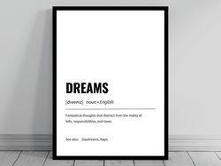 dreams definition print  minimalist office art  funny definition poster  daily affirmation  home office wall art  motiva
