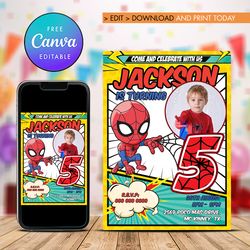 spider man 5th birthday invitation, superheroes five birthday invitation canva editable instant download