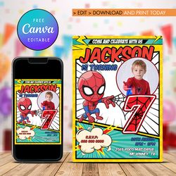 spider man 7th birthday invitation, superheroes seven birthday invitation canva editable instant download