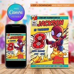 spider man 8th birthday invitation, superheroes eight birthday invitation canva editable instant download
