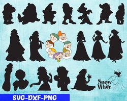 seven dwarfs and snow white silhouette svg, bundles disney pricess svg, png,dxf, pdf, jpg...