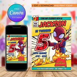 spider man 5th birthday invitation, superheroes five birthday invitation canva editable instant download