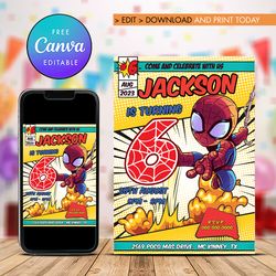 spider man 6th birthday invitation, superheroes six birthday invitation canva editable instant download