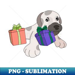 dog playing with gift boxes - digital sublimation download file - create with confidence