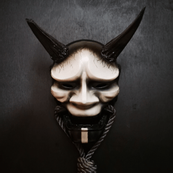 japanese hannya mask: black&white with rope, wall decor, samurai demon mask, ninja kabuki mask, oni mask