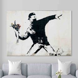 banksy canvas wall art print flower thrower, banksy flower chucker, pop art canvas, banksy street art, pop culture wall